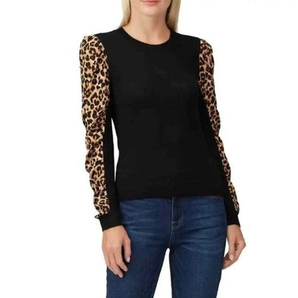Veronica Beard Adler Leopard Sleeve Mixed Media Sweater Black Brown Women's XL